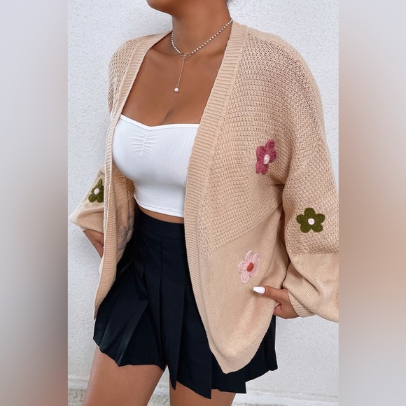 Flower Open Front Dropped Shoulder Cardigan - Picture 7 of 9